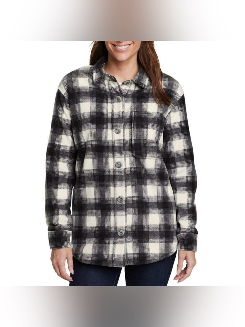 Eddie Bauer Women's Microfleece Plaid Button-Up Shirt - Black and White - Medium